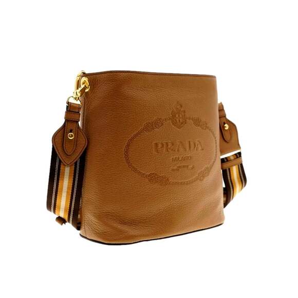 Prada Vitello Phenix Bucket Crossbody Bag Caramel Brown Web - Picture 3 of 7